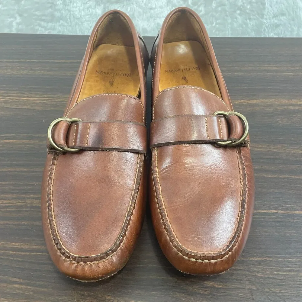Polo Ralph Lauren Shoes Mens 10.5 D Brown Leather Driving Loafers Buckle - Picture 2 of 10